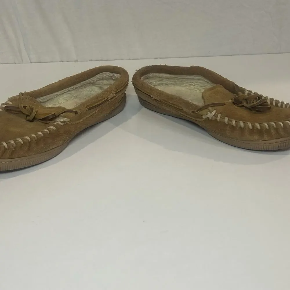 Minnetonka Moccasins Womens 3 Brown Suede Hard Sole Cally Slippers Sherpa Fur